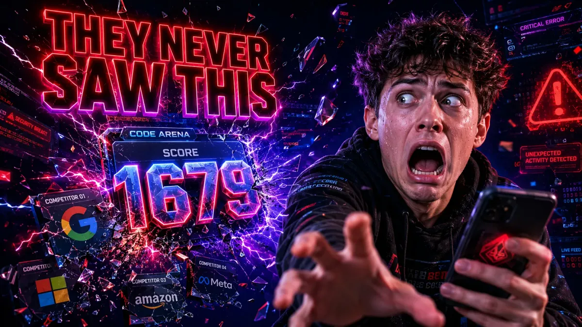 Shocked developer reacting to K3's 1679 Code Arena score with competitor logos and THEY NEVER SAW THIS text
