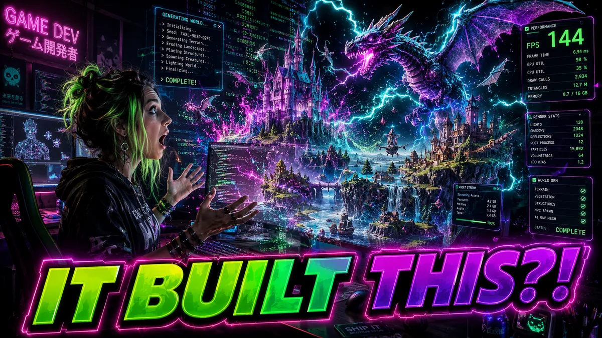Developer using Kimi K3 to generate a 3D cityscape from a text prompt with glowing wireframe overlay