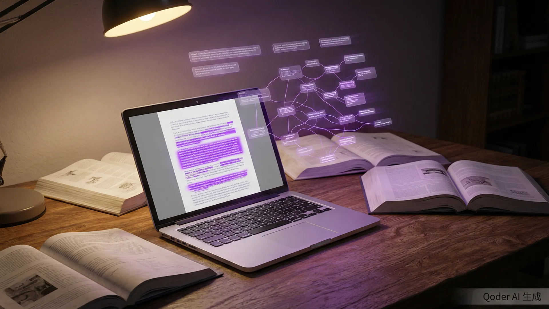 Kimi K3 AI writing academic paper with references on a desk with books