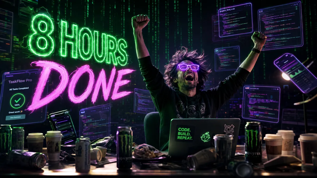 Developer celebrating after building a complete SaaS application with Kimi K3 in one day