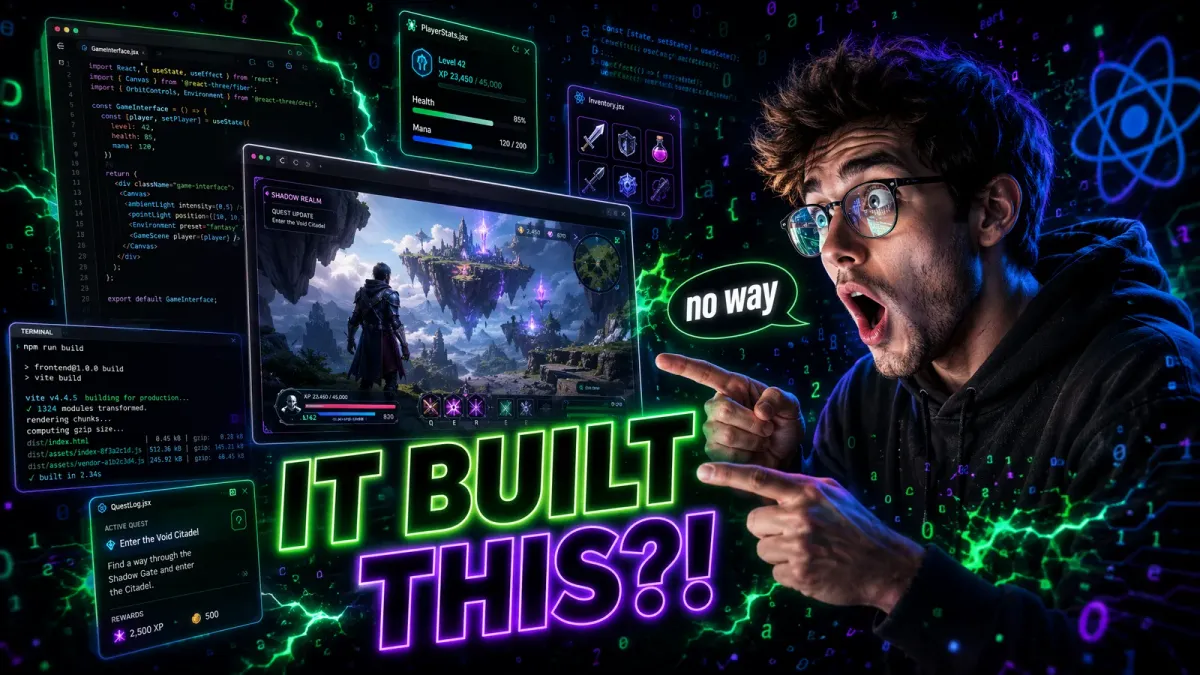 Shocked developer pointing at a 3D game K3 built from a single prompt with IT BUILT THIS text overlay
