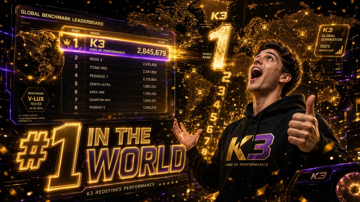Triumphant developer in K3 hoodie celebrating number one global ranking with thumbs up