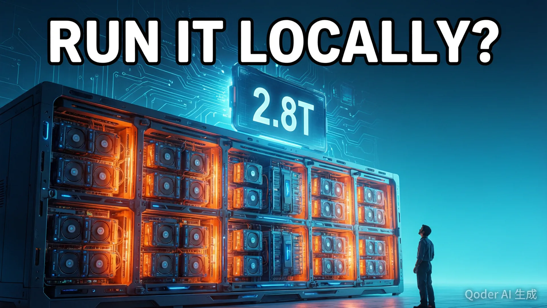 Server rack with GPU cluster running Kimi K3 locally, cooling fans and cables visible