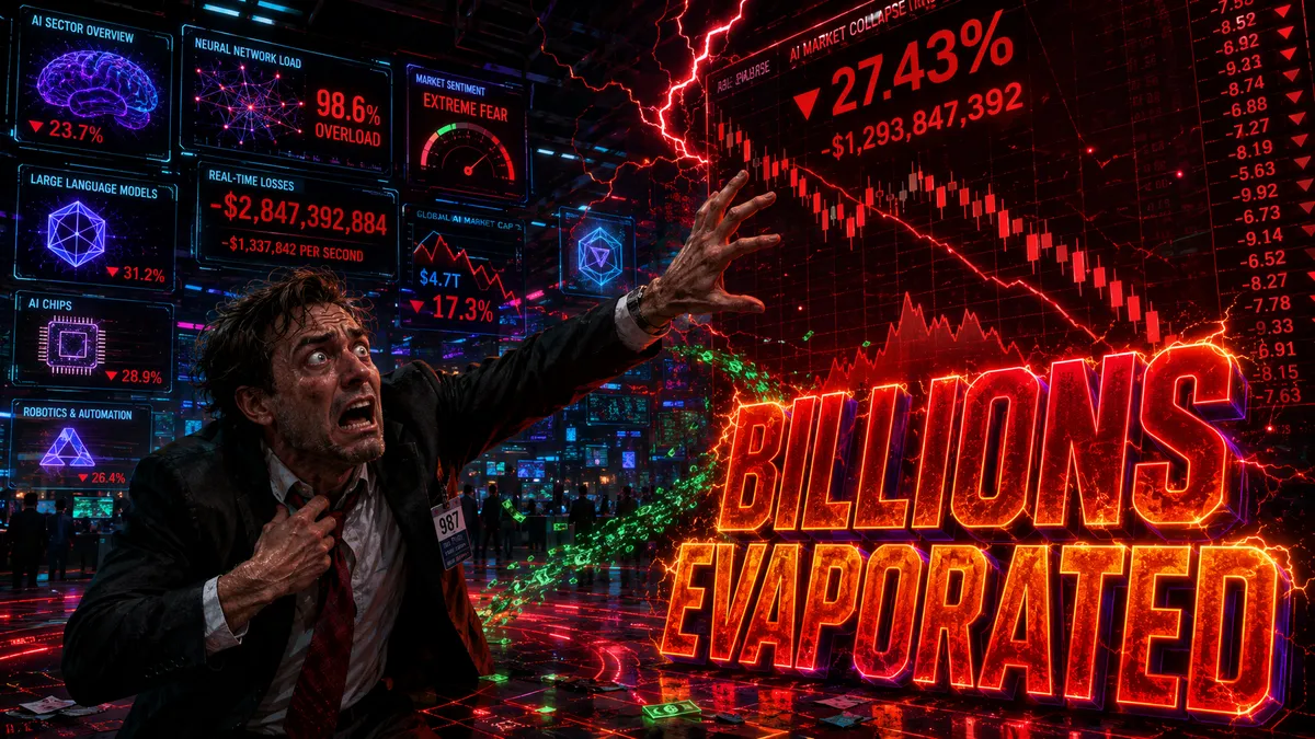 Stock market crash visualization with AI company logos falling alongside neon red and green trading charts