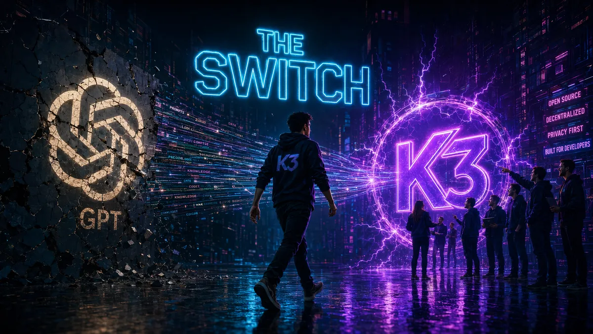 Developers discussing the migration from GPT-5.6 to Kimi K3 at a tech meetup